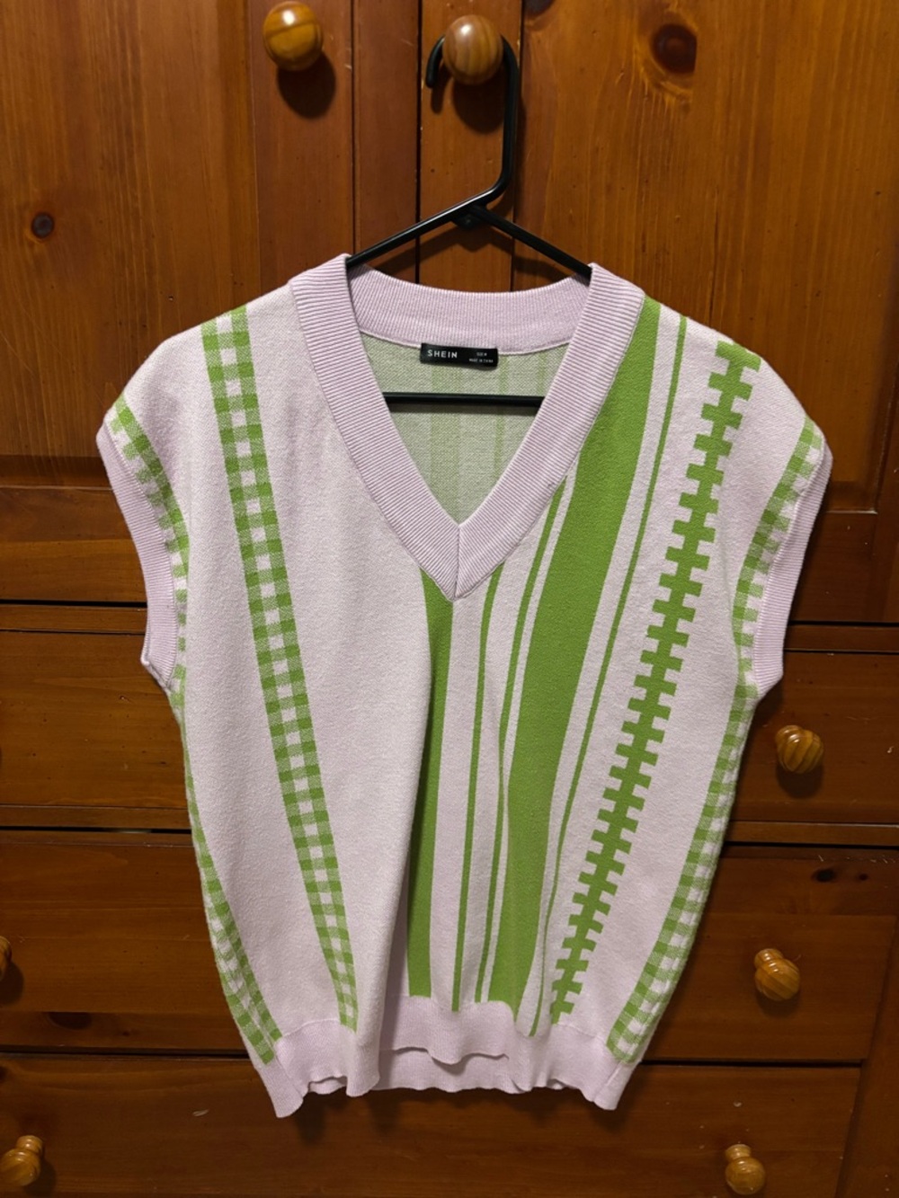 SHEIN Pastel Pink Knit Vest with Lime Green Pattern